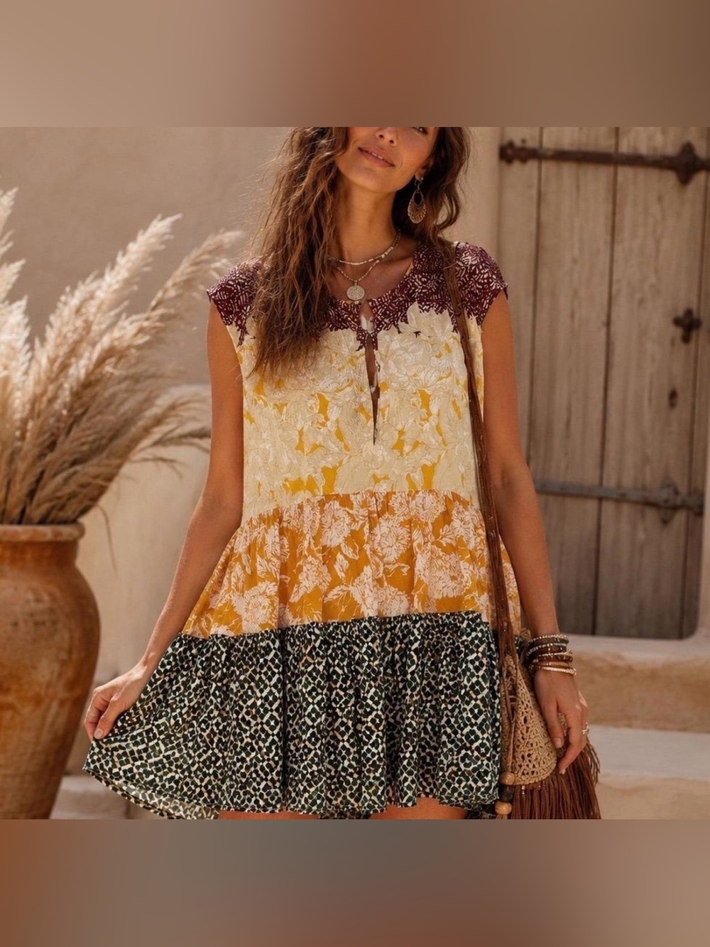 Free People Boho Patchwork Tiered Tunic - Mustard, Cream, Olive & Burgundy